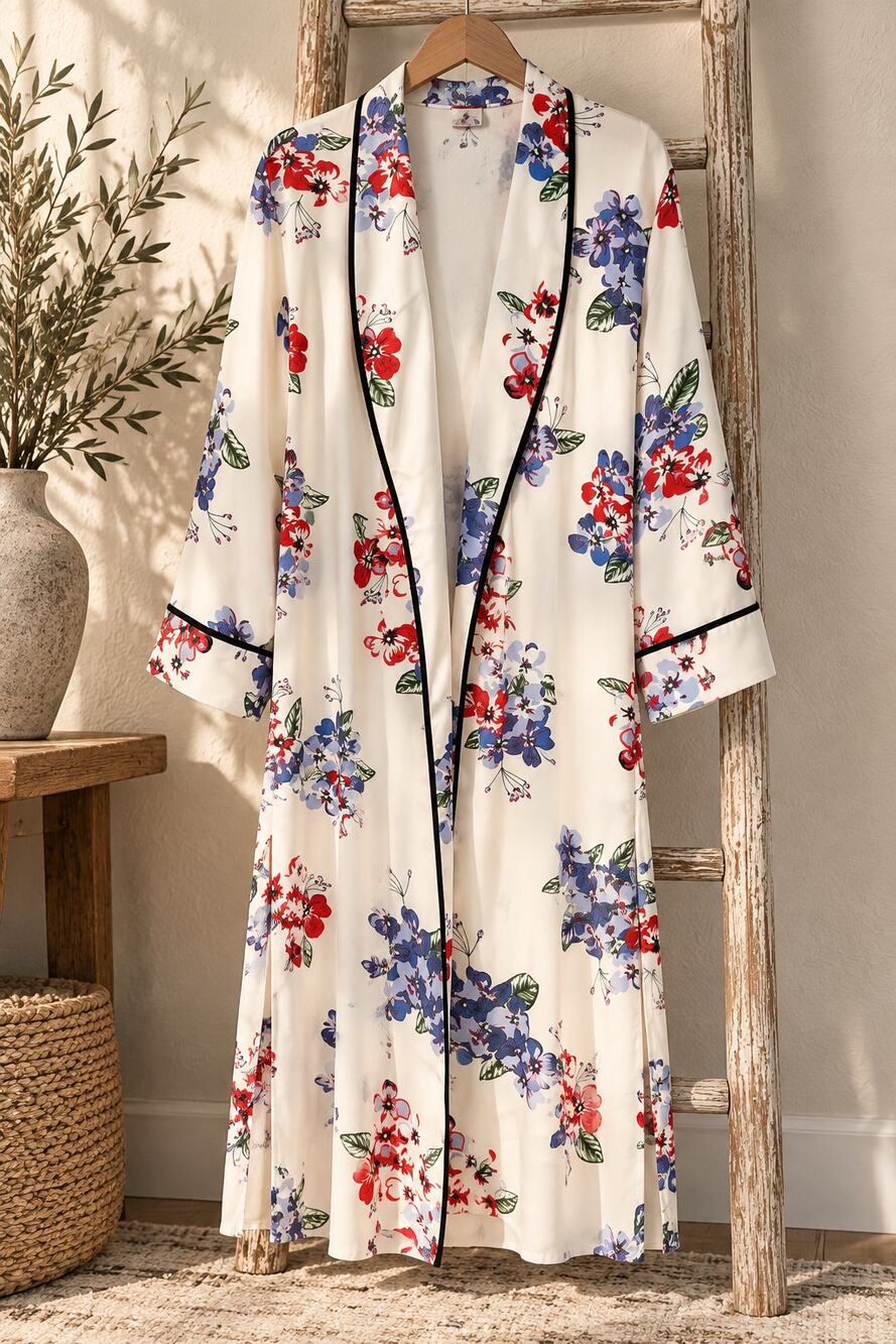 Laurie Felt Womens M Floral Kimono Duster Long Open Front Cardigan Ivory 44"